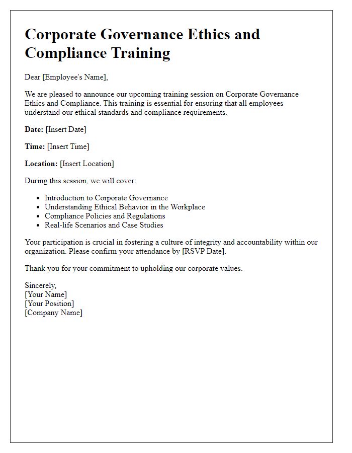 Letter template of corporate governance ethics and compliance training