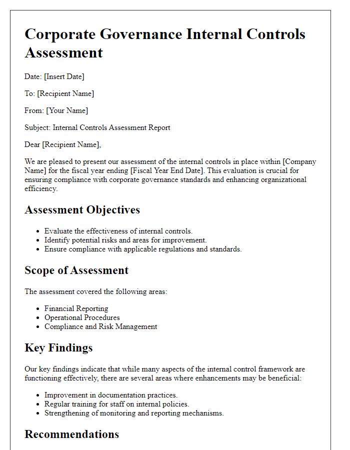 Letter template of corporate governance internal controls assessment