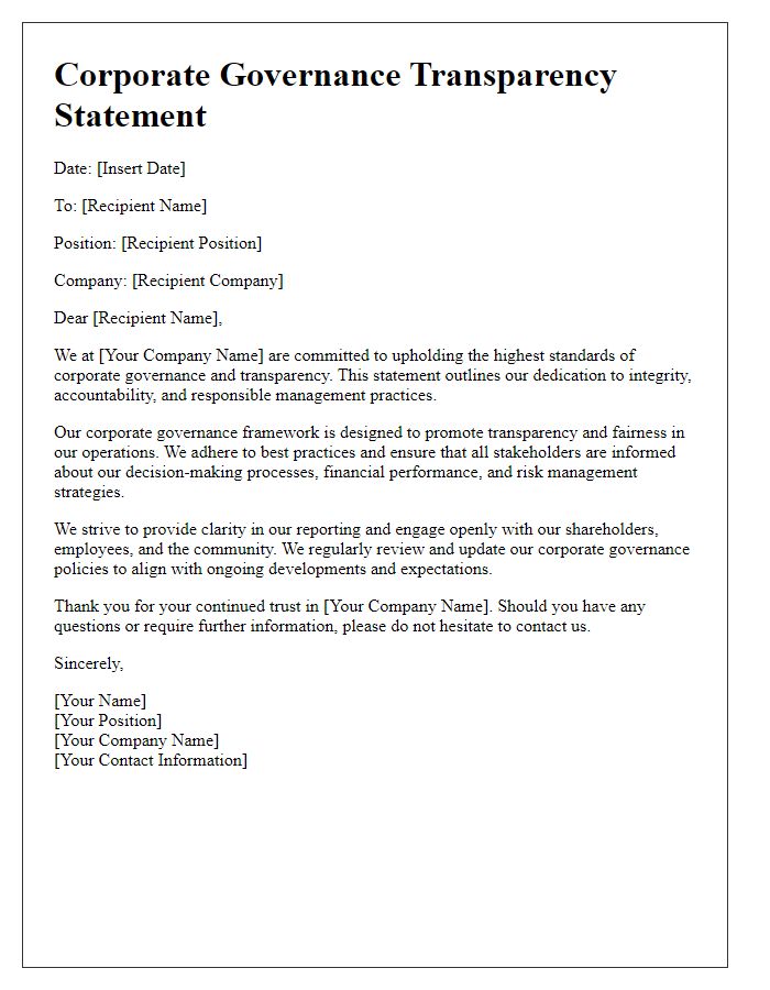 Letter template of corporate governance transparency statement