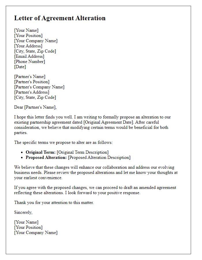 Letter template of Agreement Alteration for Partnership Terms