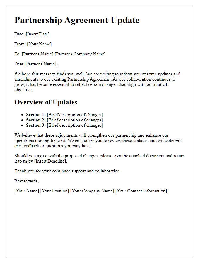 Letter template of Partnership Agreement Update Communication