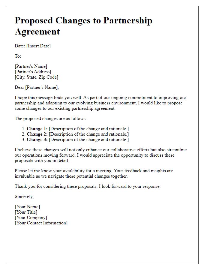 Letter template of Proposed Changes to Partnership Agreement