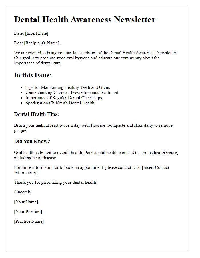 Letter template of dental health awareness newsletter