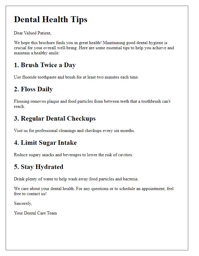 Letter template of dental health tips brochure