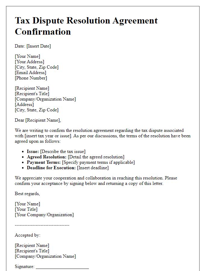 Letter template of tax dispute resolution agreement confirmation