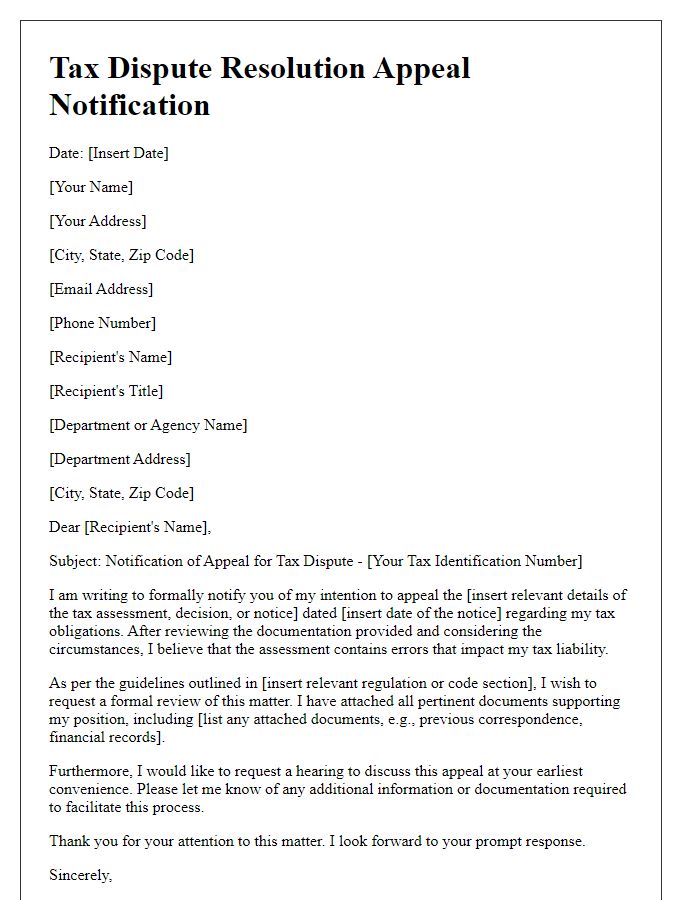 Letter template of tax dispute resolution appeal notification