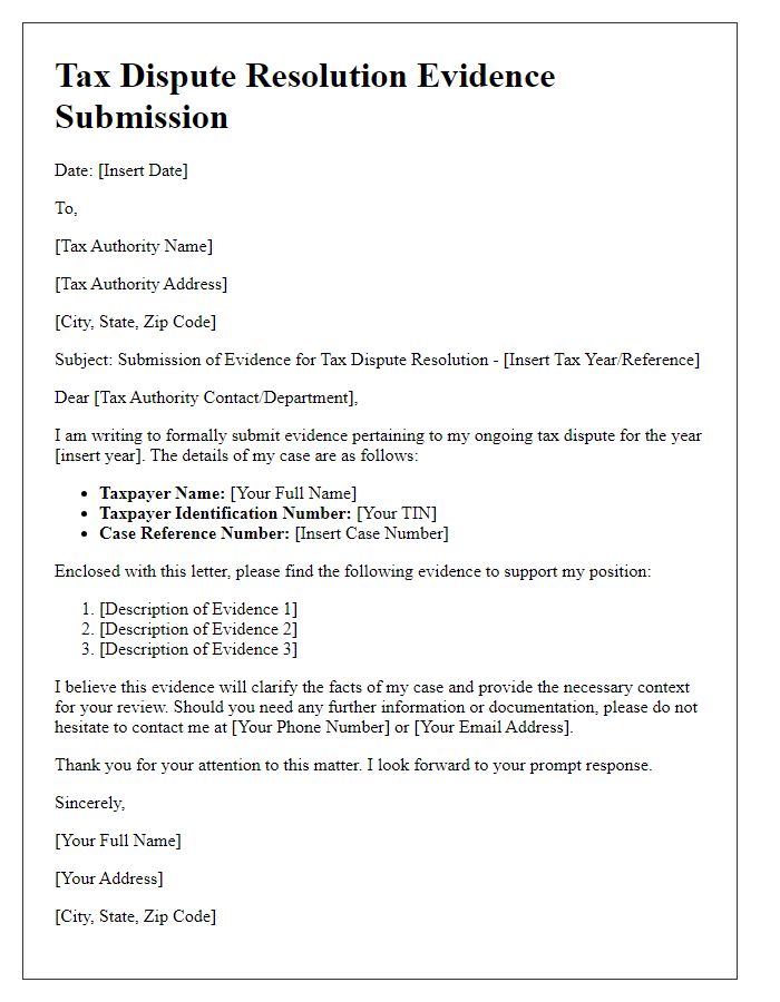 Letter template of tax dispute resolution evidence submission