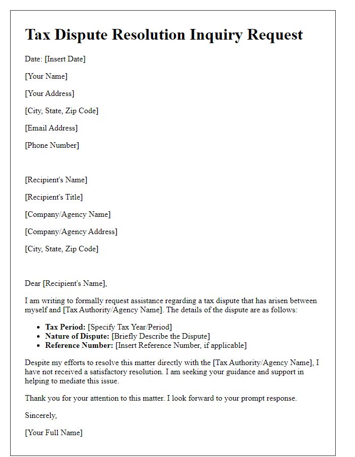 Letter template of tax dispute resolution inquiry request