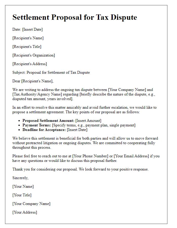 Letter template of tax dispute resolution settlement proposal