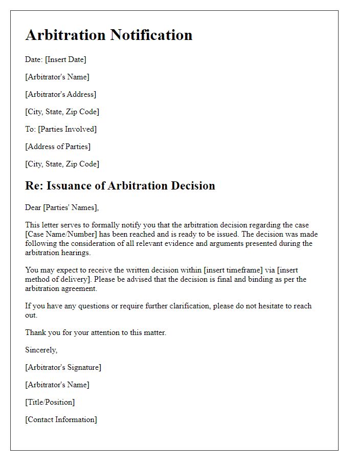 Letter template of arbitration notification for decision issuance.