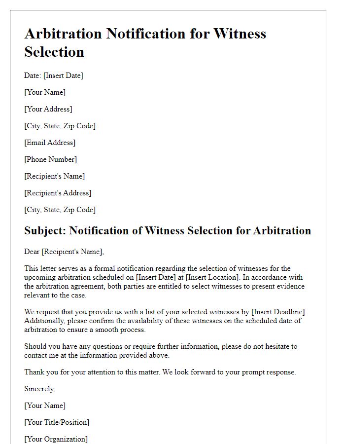 Letter template of arbitration notification for witness selection.