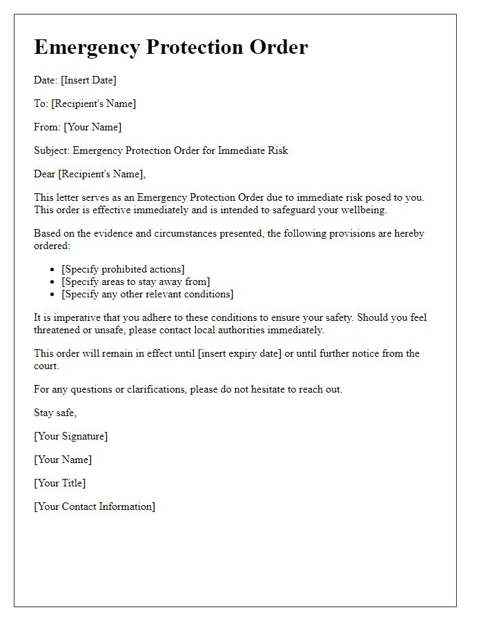 Letter template of emergency protection order for immediate risk.