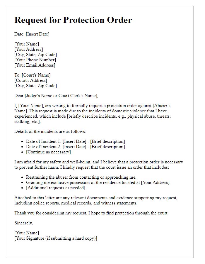 Letter template of protection order request for domestic violence victims.