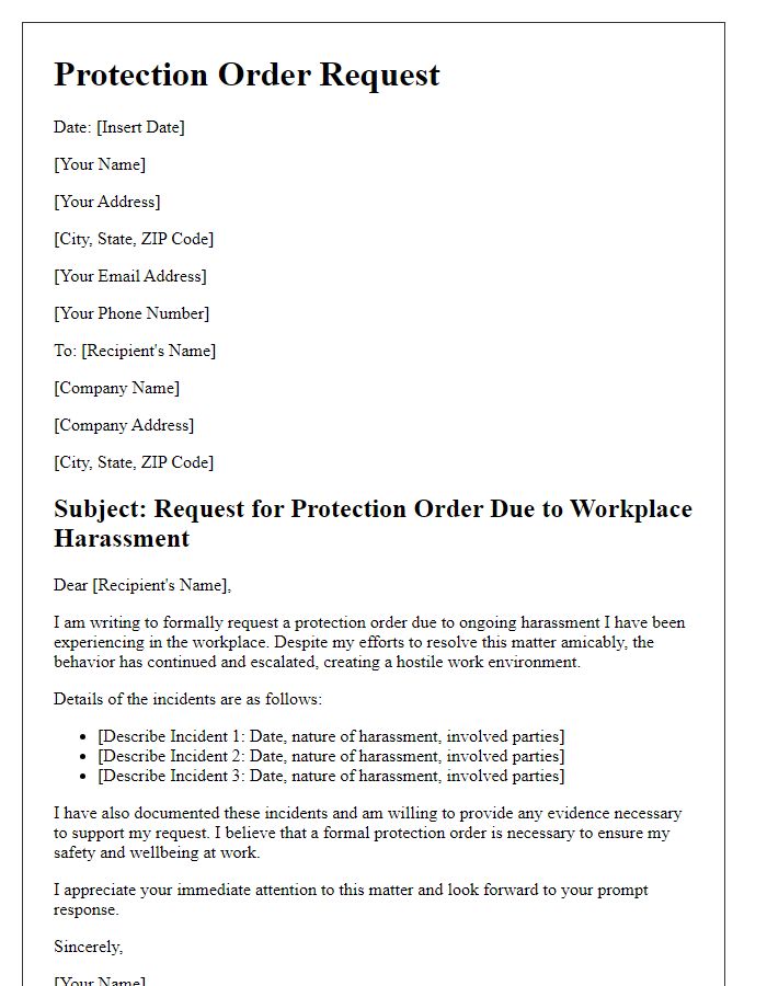 Letter template of protection order request for workplace harassment.