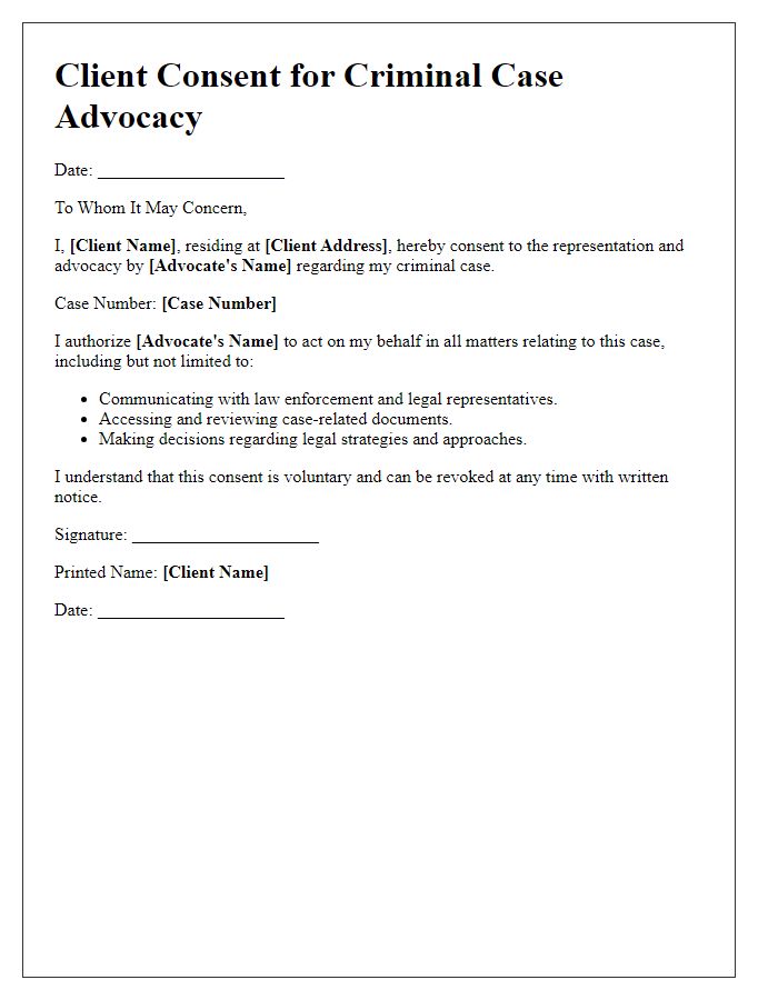 Letter template of client consent for criminal case advocacy