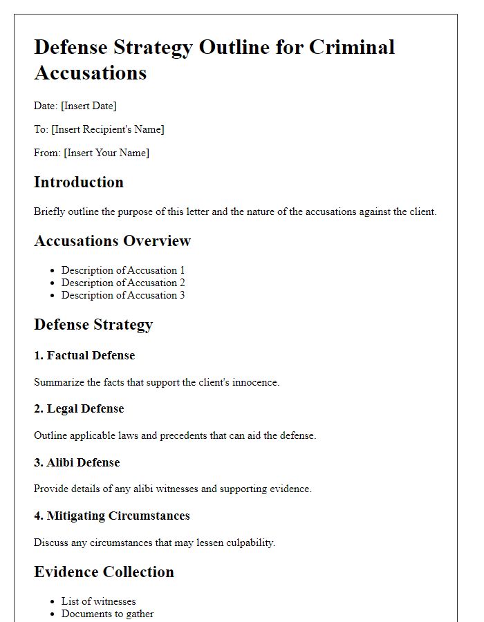 Letter template of defense strategy outline for criminal accusations