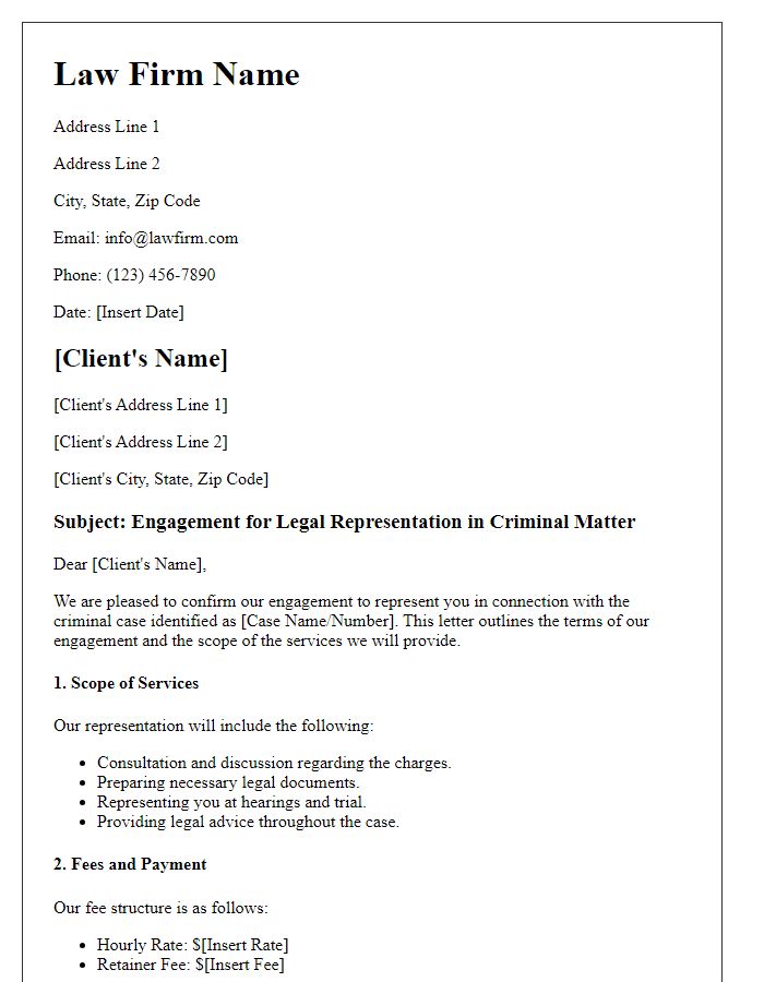 Letter template of formal engagement for criminal case representation