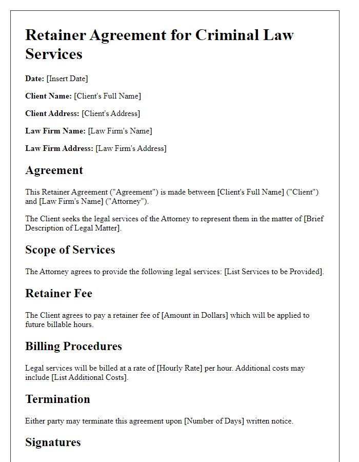 Letter template of retainer for criminal law services