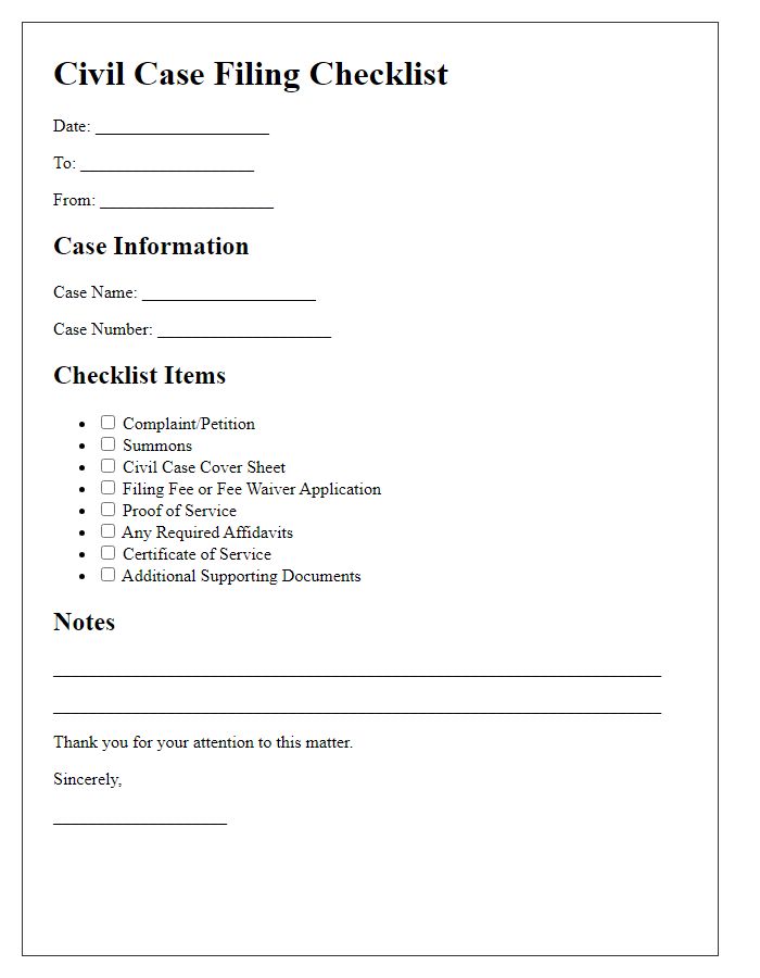 Letter template of civil case filing checklist.