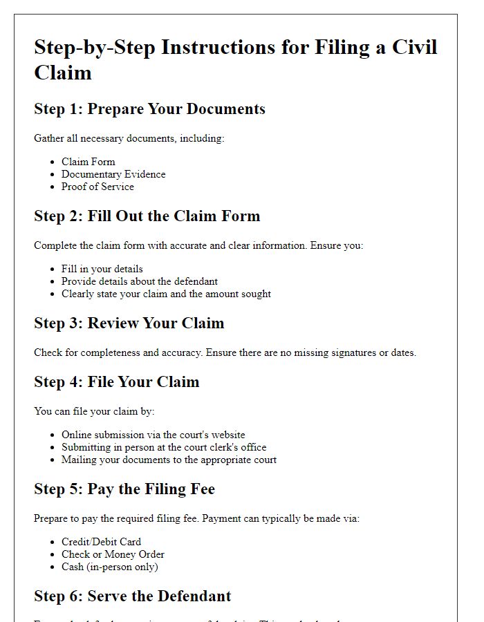 Letter template of civil claim filing step-by-step instructions.