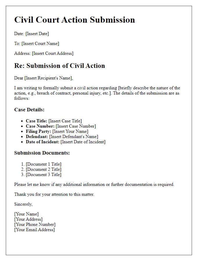 Letter template of civil court action submission details.