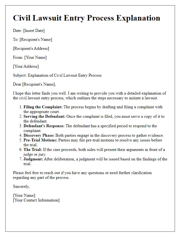 Letter template of civil lawsuit entry process explanation.