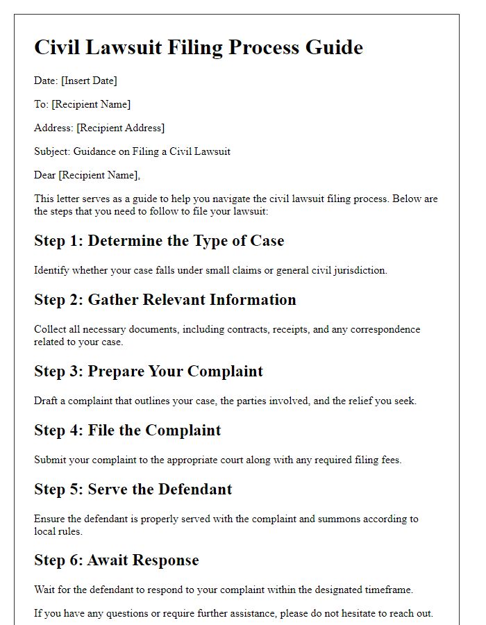 Letter template of civil lawsuit filing process guide.