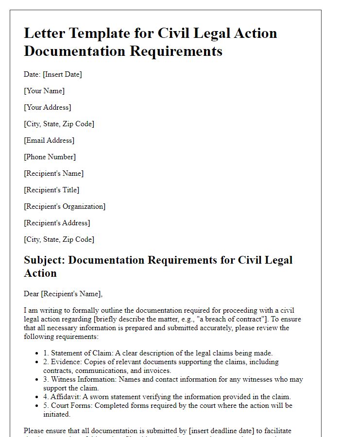 Letter template of civil legal action documentation requirements.