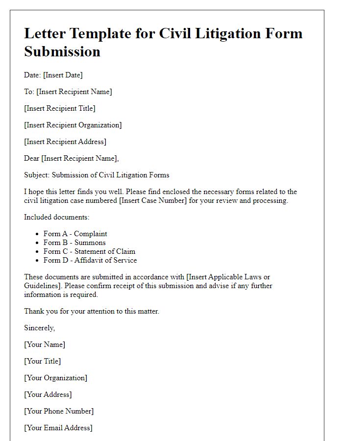 Letter template of civil litigation form submission overview.