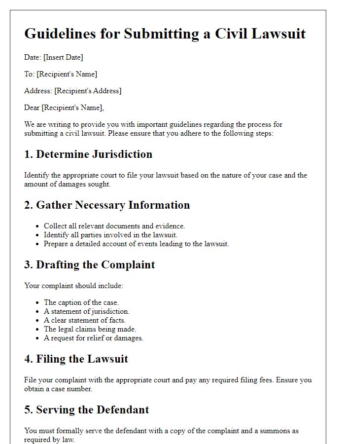 Letter template of guidelines for submitting a civil lawsuit.