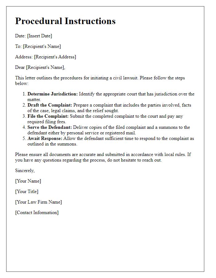 Letter template of procedural instructions for civil lawsuit initiation.