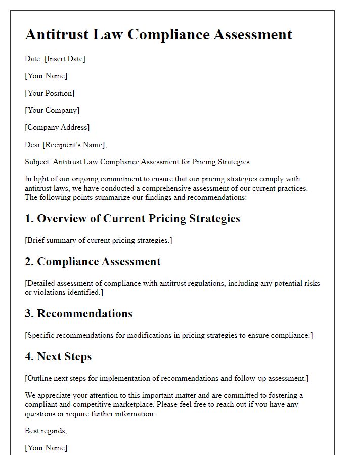 Letter template of antitrust law compliance assessment for pricing strategies.