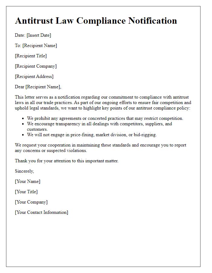 Letter template of antitrust law compliance notification for trade practices.