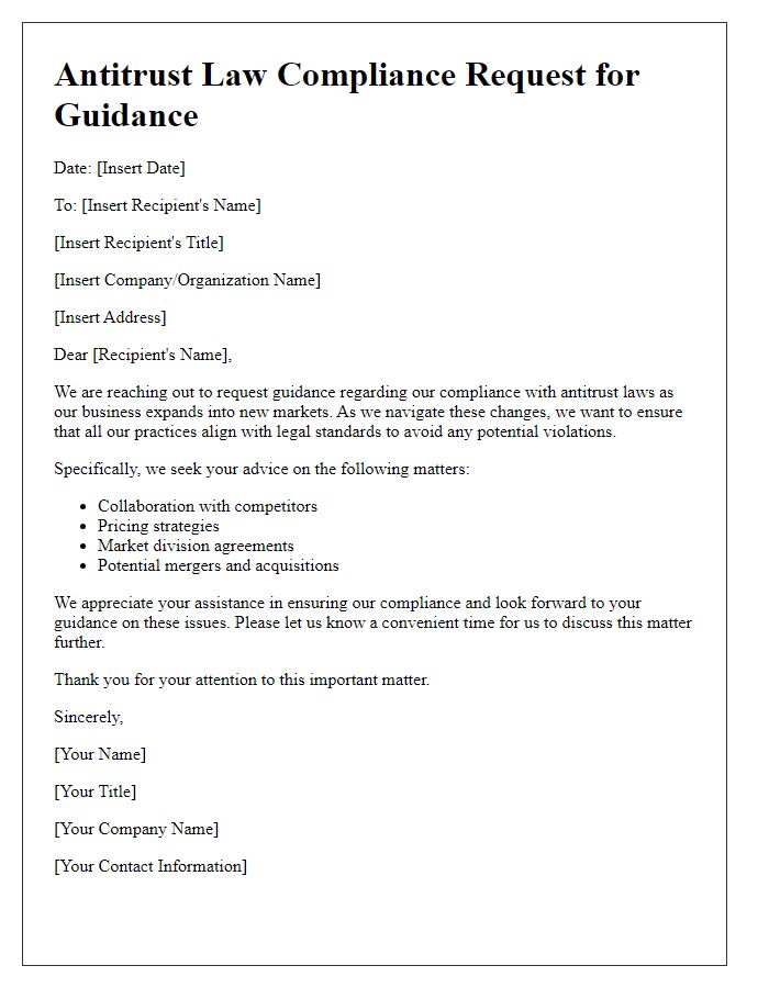 Letter template of antitrust law compliance request for guidance.