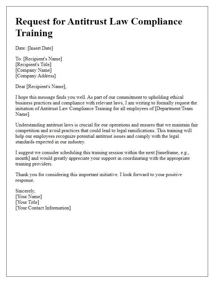 Letter template of antitrust law compliance training request for employees.