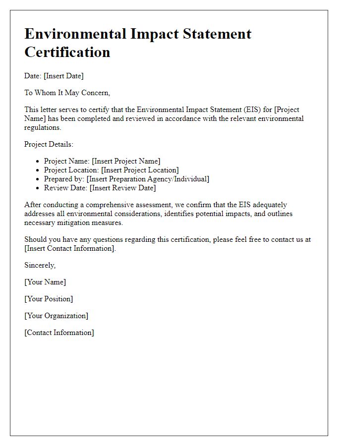 Letter template of environmental impact statement certification