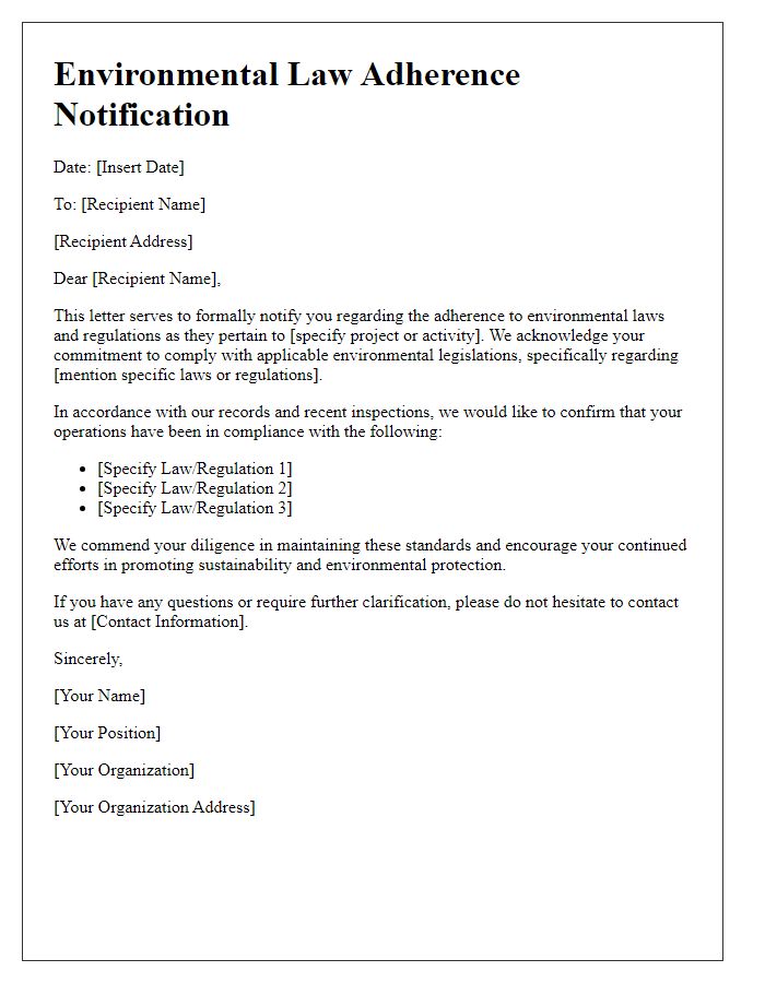 Letter template of environmental law adherence notification