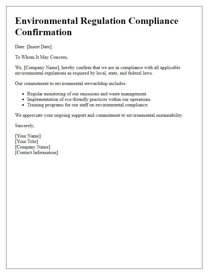 Letter template of environmental regulation compliance confirmation