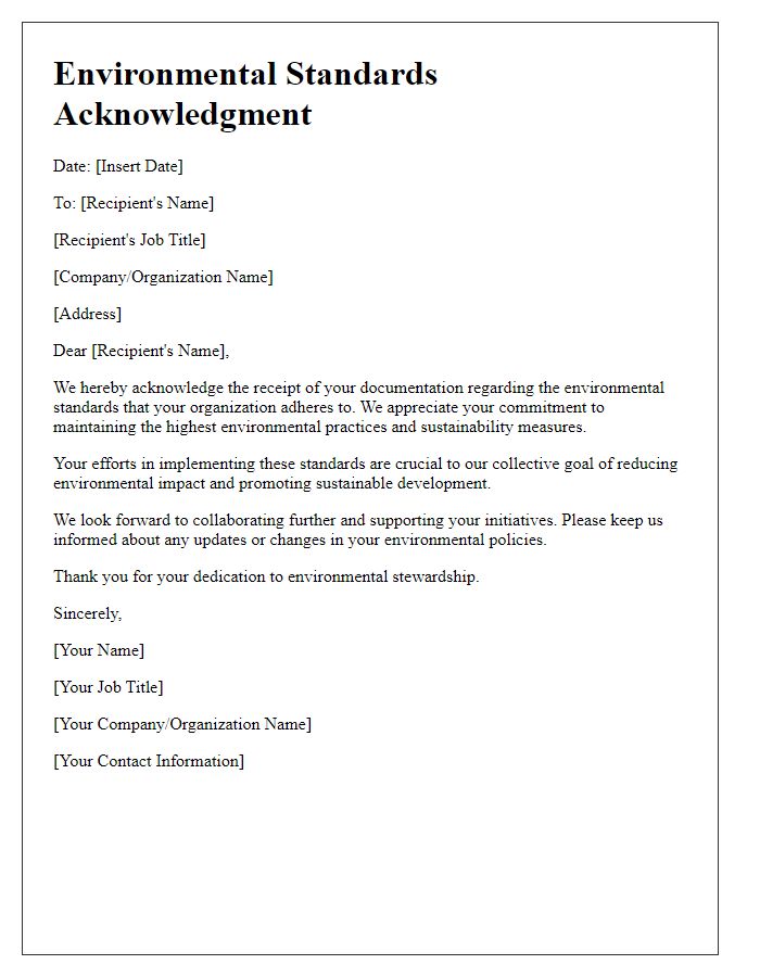 Letter template of environmental standards acknowledgment