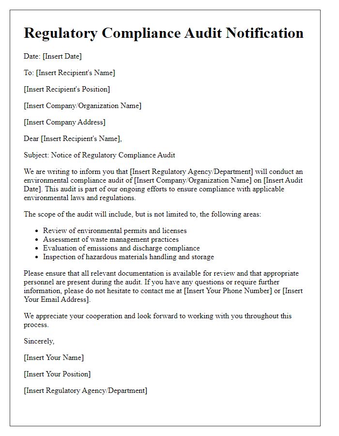 Letter template of regulatory compliance audit for environmental laws