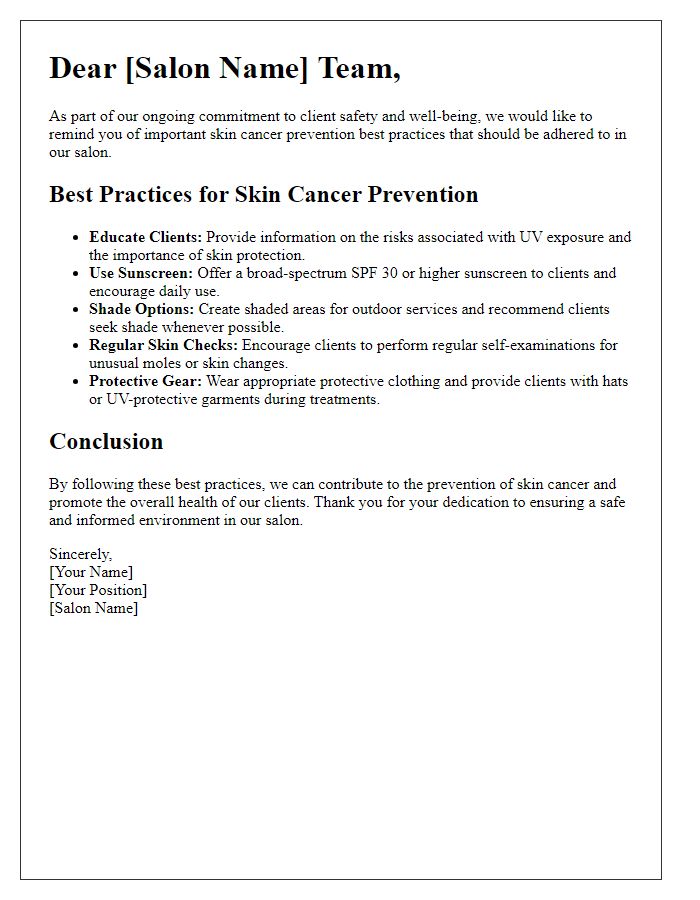 Letter template of skin cancer prevention best practices for beauty salons