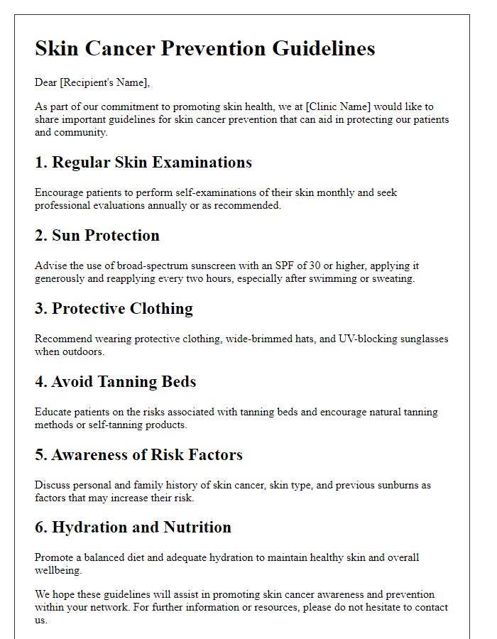 Letter template of skin cancer prevention guidelines for dermatology clinics