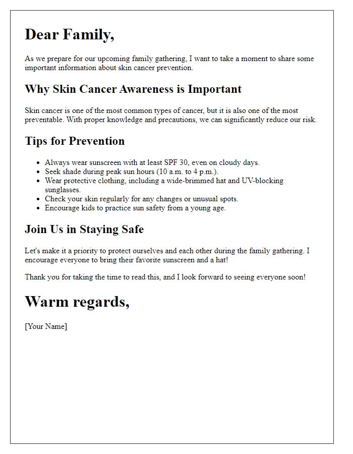 Letter template of skin cancer prevention information for family gatherings