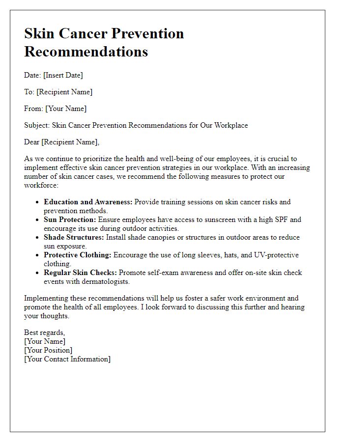 Letter template of skin cancer prevention recommendations for workplaces