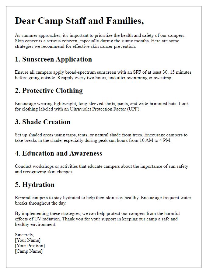 Letter template of skin cancer prevention strategies for summer camps