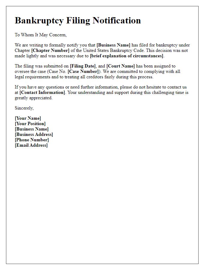 Letter template of bankruptcy filing notification for businesses.