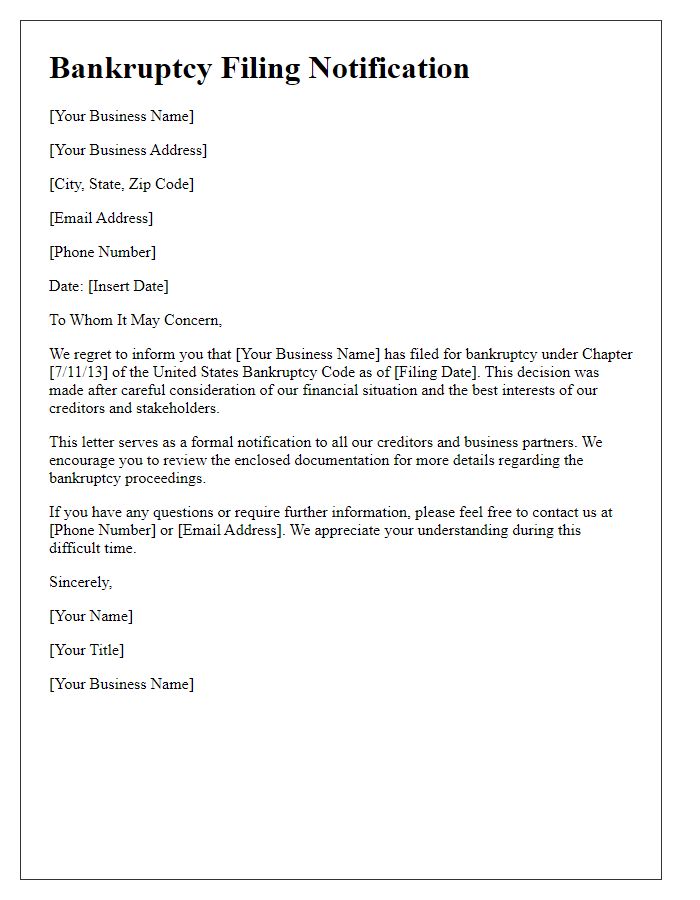 Letter template of bankruptcy filing notification for small businesses.