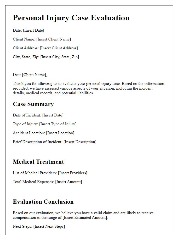 Letter template of personal injury case evaluation