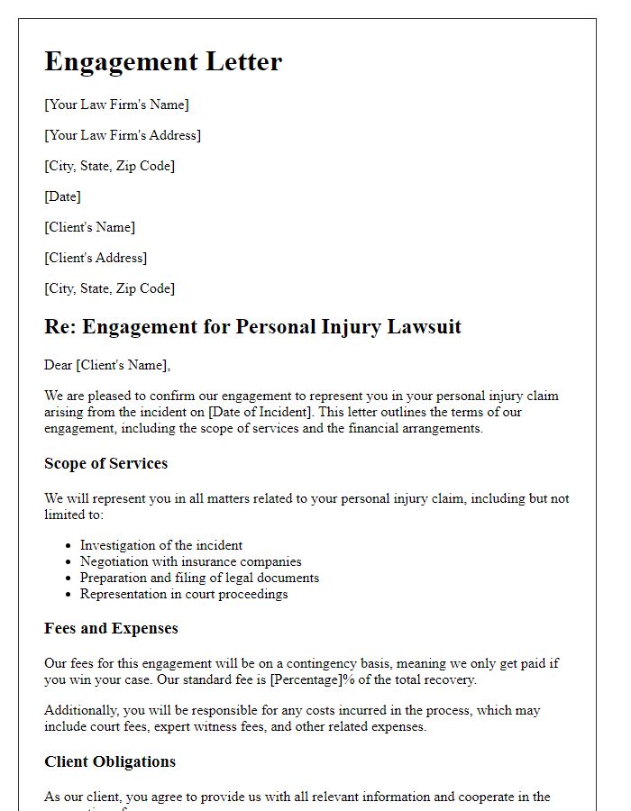 Letter template of personal injury lawsuit engagement