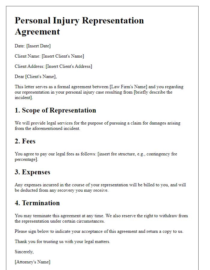 Letter template of personal injury representation agreement